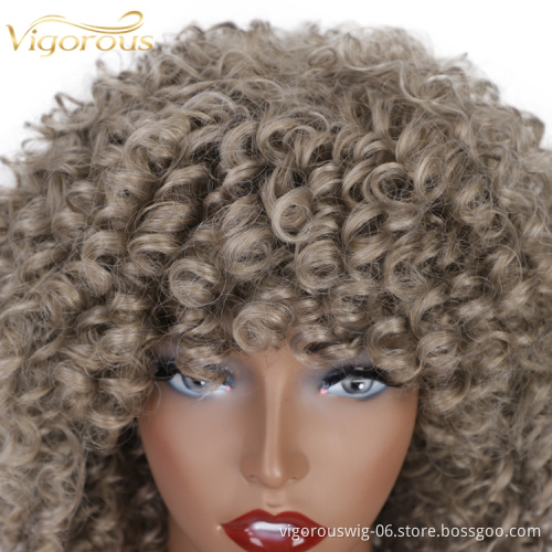 Vigorous Afro Kinky Curly Top Quality Cheap Colorful Fiber With Bangs For Black Women Premium Short Bob Synthetic Wig